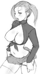 Rule 34 | 1girl, breasts, greyscale, kei jiei, large breasts, midriff, monochrome, navel, nipples, open clothes, open shirt, original, panties, panty pull, shirt, solo, thighhighs, twintails, underwear