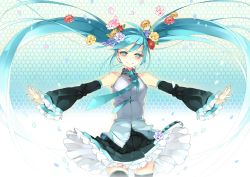 Rule 34 | 1girl, aqua eyes, aqua hair, bare shoulders, black thighhighs, blush, btoor, detached sleeves, flower, hair flower, hair ornament, hatsune miku, highres, long hair, looking at viewer, nail polish, necktie, outstretched arms, petals, pleated skirt, skirt, smile, solo, thighhighs, twintails, very long hair, vocaloid, zettai ryouiki