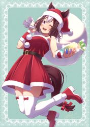 Rule 34 | 1girl, alternate costume, animal ears, arm warmers, artist name, belt, black belt, boots, bow legwear, brown hair, christmas, crystal, dated, dress, floating, fur-trimmed dress, fur trim, gem, hachimaki, hat, headband, highres, holding, holding gem, holding sack, horse ears, horse girl, horse tail, legs up, looking at viewer, one eye closed, open mouth, over shoulder, red dress, red footwear, red headwear, red ribbon, ribbon, sack, santa boots, santa dress, santa hat, short dress, short hair, signature, smile, solo, spaghetti strap, sparkle, special week (umamusume), tail, tail ornament, tail ribbon, takaokasho, thighhighs, umamusume, white hair, white headband, white thighhighs