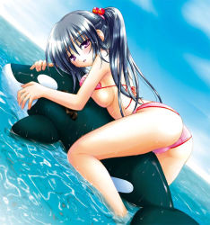 Rule 34 | 1girl, ass, bikini, black hair, blue hair, breasts, day, inflatable dolphin, inflatable raft, inflatable toy, large breasts, long hair, matra milan, noihara himari, non-web source, official art, omamori himari, pink bikini, purple eyes, sexually suggestive, solo, swimsuit, twintails, underboob, very long hair, water, whale