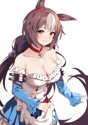 Rule 34 | 1girl, animal ears, armlet, bare shoulders, braid, breasts, brown hair, cleavage, closed mouth, collarbone, cowboy shot, detached sleeves, dress, ear ornament, frilled dress, frills, highres, horse ears, horse girl, horse tail, jewelry, large breasts, long hair, long sleeves, looking at viewer, miya star saa, multicolored clothes, multicolored dress, necklace, simple background, sleeveless, sleeveless dress, smile, solo, tail, twin braids, umamusume, very long hair, white background, yamanin zephyr (umamusume), yellow eyes