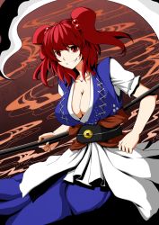 Rule 34 | 1girl, bad id, bad pixiv id, breasts, cleavage, coin, collarbone, doseisan (dosei-san), female focus, grin, hair bobbles, hair ornament, large breasts, looking at viewer, obi, onozuka komachi, red eyes, red hair, sash, scythe, shirt, skirt, smile, solo, touhou, twintails, two side up