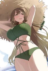 Rule 34 | 1girl, absurdres, armpits, arms up, breasts, brown eyes, brown hair, hat, highres, idolmaster, idolmaster shiny colors, kuwayama chiyuki, large breasts, long hair, open mouth, smile, solo, straw hat, swimsuit, uouokuma