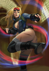 Rule 34 | 1girl, alternate costume, alternate hairstyle, black footwear, blonde hair, blue eyes, boots, breasts, cammy white, camouflage, capcom, center opening, cleavage, facepaint, fingerless gloves, gloves, kicking, knee boots, knee pads, leotard, long hair, looking at viewer, phamoz, solo, street fighter, street fighter v, thigh boots, thighhighs, thong leotard