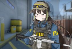 Rule 34 | 1girl, armor, artist name, assault rifle, baseball cap, blue jacket, body armor, brown eyes, brown hair, buckle, commentary, counter-strike (series), counter-strike 2, english commentary, eyewear on head, fbi, gameplay mechanics, girls&#039; frontline, gun, hair between eyes, hat, headset, jacket, long hair, m4 carbine, m4a1 (girls&#039; frontline), magazine (weapon), multicolored hair, nuclear powerplant, outdoors, bulletproof vest, pouch, power lines, radio, ribbed sweater, rifle, road, shipping container, sidelocks, snap-fit buckle, solo, sp4rk, streaked hair, sunglasses, suppressor, sweater, trigger discipline, upper body, very long hair, walkie-talkie, weapon