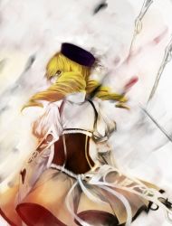 Rule 34 | 10s, 1girl, bad id, bad pixiv id, beret, blonde hair, collie, detached sleeves, drill hair, fingerless gloves, from behind, gloves, gun, hat, looking back, magical girl, magical musket, mahou shoujo madoka magica, mahou shoujo madoka magica (anime), pleated skirt, puffy sleeves, rifle, skirt, solo, tomoe mami, weapon, yellow eyes