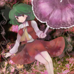 Rule 34 | 1girl, ascot, bad id, bad pixiv id, bug, butterfly, female focus, green hair, highres, insect, kazami yuuka, legs, light smile, no nose, parasol, red eyes, short hair, skirt, skirt set, solo, swami, touhou, umbrella, vest