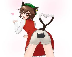 Rule 34 | animal ears, bloomers, blush, brown eyes, brown hair, cat ears, cat tail, chen, earrings, fang, from behind, hat, heart, heart tail, heart tail duo, highres, insight, jewelry, multiple tails, paw pose, short hair, solo, spoken heart, tail, touhou, underwear, upskirt