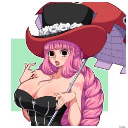 Rule 34 | 1girl, absurdres, bare arms, bare shoulders, black dress, black eyes, breasts, cleavage, collarbone, dress, drill hair, flower, hat, hat flower, highres, holding, holding umbrella, large breasts, long hair, one piece, open mouth, perona, pink hair, shiny skin, shoulder tattoo, simmsy, simple background, solo, strapless, strapless dress, tattoo, umbrella, very long hair, white flower