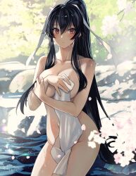 Rule 34 | 1girl, black hair, blush, breasts, cherry blossoms, closed mouth, collarbone, covering privates, hair between eyes, hair over breasts, hair ribbon, highres, kantai collection, kasumi (skchkko), large breasts, long hair, looking at viewer, naked towel, nude cover, onsen, petals, ponytail, red eyes, ribbon, rock, sidelocks, solo, towel, very long hair, white ribbon, yahagi (kancolle)