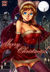 Rule 34 | 10s, 1girl, 2015, animal ears, bare shoulders, bell, belt, blue eyes, braid, breasts, brown hair, cat ears, choker, christmas, cityscape, cleavage, completion time, dress, elbow gloves, full moon, glasses, gloves, hair over shoulder, hat, highres, lips, long hair, merry christmas, moon, neck bell, original, purple thighhighs, red dress, red gloves, rimless eyewear, ryu shou, sack, santa costume, santa hat, short dress, single braid, slit pupils, smile, snowing, solo, strapless, strapless dress, tail, thighhighs, zettai ryouiki