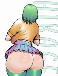 Rule 34 | 1girl, alternate body size, ass, breasts, character name, commission, cowboy shot, crop top, curvy, english text, facing away, from behind, green hair, green thighhighs, hikage (senran kagura), huge ass, large breasts, legs together, medium hair, midriff peek, name connection, nanoskirt, pleated skirt, senran kagura, shirt, short hair, short sleeves, simple background, skindentation, skirt, skirt above ass, solo, standing, tagme, tan, tanline, thick thighs, thighhighs, thighs, tommoku, white background, yellow shirt