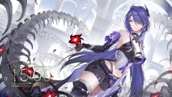Rule 34 | 1girl, acheron (honkai: star rail), black gloves, black shorts, breasts, coat, commentary request, crop top, dutch angle, elbow gloves, fingerless gloves, gloves, hair over one eye, highres, honkai: star rail, honkai (series), large breasts, long hair, looking down, looking to the side, marumoru, midriff, navel, purple eyes, purple hair, short shorts, shorts, solo, very long hair, white coat
