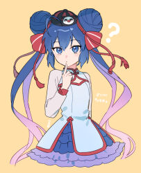 Rule 34 | 1girl, ?, alternate costume, alternate hairstyle, black hat, blue eyes, blue hair, blue skirt, chinese clothes, cleavage cutout, clothing cutout, cropped torso, double bun, eel hat, finger to mouth, flat chest, hair bun, hair ribbon, hand up, hat, highres, index finger raised, layered skirt, lolita fashion, long hair, long sleeves, looking at viewer, multicolored hair, otomachi una, purple hair, qi lolita, qingdai guanmao, red hat, red ribbon, ribbon, sidelocks, simple background, skirt, solo, suiso sn3, tassel, twintails, two-tone hair, very long hair, vocaloid, yellow background