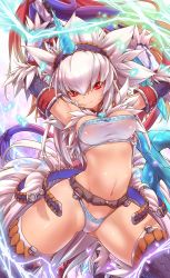 Rule 34 | 1girl, arms up, breasts, capcom, cleavage, electricity, covered erect nipples, female focus, highres, horns, kirin (armor), light smile, looking at viewer, midriff, monster hunter (series), navel, panties, red eyes, single horn, solo, sword, thighhighs, thighs, tsukigami chronica, underwear, weapon, white hair, white panties