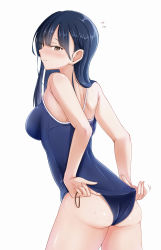 Rule 34 | 1girl, absurdres, adjusting clothes, adjusting swimsuit, ass, back, black one-piece swimsuit, blue hair, blush, boku no kokoro no yabai yatsu, breasts, brown hair, capelet, closed mouth, commentary request, flying sweatdrops, hair ornament, highres, holding, holding hair ornament, long hair, looking at viewer, medium breasts, one-piece swimsuit, sacra (sacrabokuyaba), school swimsuit, simple background, solo, standing, swimsuit, thighs, white background, yamada anna