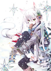 Rule 34 | 1girl, animal ears, black thighhighs, cat, cat ears, coat, food, food in mouth, frilled skirt, frills, green eyes, grey skirt, hair between eyes, hair ornament, highres, knee up, long hair, looking at viewer, loose socks, original, rednian, scarf, shoes, silver hair, sitting, skirt, sneakers, snow, socks, solo, star (symbol), striped clothes, striped scarf, sweater, taiyaki, thighhighs, turtleneck, twintails, tying shoes, very long hair, wagashi, white scarf