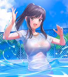 Rule 34 | 1girl, :d, a1 (initial-g), blue sky, blush, bra visible through clothes, bralines, breasts, brown eyes, brown hair, commentary request, ichijou hotaru, impossible clothes, impossible shirt, large breasts, looking at viewer, non non biyori, open mouth, ponytail, pool, see-through, see-through shirt, shirt, short sleeves, sidelocks, skin tight, sky, smile, solo, swept bangs, t-shirt, taut clothes, taut shirt, upper body, wet, wet clothes, wet shirt, white shirt