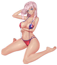 Rule 34 | 1girl, absurdres, american flag bikini, arm under breasts, bikini, bikini tan, blue eyes, breast hold, breasts, collarbone, fate (series), flag print, front-tie bikini top, front-tie top, full body, hair down, highres, kai (pixiv12466647), long hair, looking at viewer, medium breasts, miyamoto musashi (fate), miyamoto musashi (fate/grand order), miyamoto musashi (swimsuit berserker) (fate), miyamoto musashi (swimsuit berserker) (second ascension) (fate), navel, pink hair, simple background, sitting, solo, swimsuit, tan, tanline, untied bikini, wariza, white background