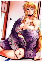 Rule 34 | 1girl, :d, areola slip, bare shoulders, belt, blonde hair, blush, breasts, cleavage, collarbone, fate testarossa, full-face blush, hands on thighs, highres, huge breasts, itachou, japanese clothes, kimono, long hair, looking at viewer, lyrical nanoha, off shoulder, open mouth, red eyes, sitting, smile, solo, tatami, thighs, very long hair, wide sleeves
