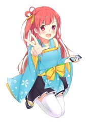 Rule 34 | 1girl, 53c, :d, bare shoulders, blush, bow, cellphone, detached sleeves, foreshortening, full body, geta, hair ribbon, hair rings, highres, holding, holding phone, japanese clothes, looking at viewer, one side up, open mouth, original, phone, pleated skirt, ray-en, reaching, reaching towards viewer, red eyes, red hair, rei-en, ribbon, round teeth, simple background, skirt, smartphone, smile, solo, tabi, teeth, thighhighs, v, w, white background, white thighhighs, wide sleeves, yellow ribbon, zettai ryouiki