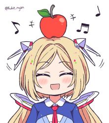 Rule 34 | +++, 1girl, aki rosenthal, aki rosenthal (1st costume), apple, artist name, beamed eighth notes, blonde hair, blush, bob cut, closed eyes, commentary request, detached hair, eighth note, facing viewer, food, food on head, fruit, hair between eyes, hair ornament, hololive, kukie-nyan, musical note, necktie, object on head, open mouth, parted bangs, quarter note, red necktie, shrug (clothing), simple background, solo, virtual youtuber, white background