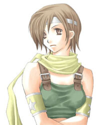 Rule 34 | 1girl, alternate costume, armlet, brown eyes, brown hair, commentary, crop top, crossed arms, expressionless, final fantasy, final fantasy vii, green shirt, hair over shoulder, headband, lowres, rendezvous, scarf, shirt, short hair, simple background, solo, star (symbol), upper body, white background, yellow scarf, yuffie kisaragi