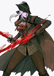 Rule 34 | 1girl, artist name, ascot, black hat, blood, blood on clothes, bloodborne, brown cape, brown gloves, cape, closed mouth, coat, gem, gloves, grey ascot, hat, hat feather, highres, holding, holding sword, holding weapon, lady maria of the astral clocktower, long hair, looking at viewer, ponytail, rashuu, simple background, solo, sword, torn cape, torn clothes, tricorne, weapon, white background