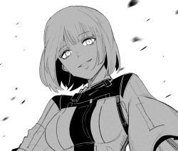 Rule 34 | 1girl, bad id, bad pixiv id, breasts, cizzi, girls&#039; frontline, greyscale, highres, jacket, looking at viewer, monochrome, rpk-16 (girls&#039; frontline), short hair, simple background, smile, solo, upper body, white background