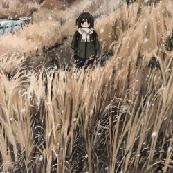 Rule 34 | 1girl, absurdres, ahoge, arms at sides, black skirt, black undershirt, bob cut, brown eyes, brown hair, commentary, dot nose, expressionless, fence, field, grass, green jacket, highres, jacket, layered sleeves, light blush, long sleeves, looking at viewer, one side up, original, outdoors, pleated skirt, scarf, scenery, short hair, short over long sleeves, short sleeves, shoulder strap, skirt, snowing, solo, tall grass, uniunimikan, white scarf