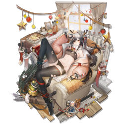 Rule 34 | 1girl, alternate costume, animal ears, arknights, baggy clothes, bandeau, bare shoulders, bell, belt, black bandeau, black footwear, black gloves, black hair, black shorts, black thighhighs, blush, boots, bow (weapon), breasts, cat ears, ceylon (arknights), chair, character doll, christmas ornaments, closed mouth, crossbow, faux figurine, full body, gloves, gradient hair, grey hair, hand up, head tilt, indoors, jacket, jingle bell, large breasts, liduke, long hair, looking at viewer, medium breasts, multicolored hair, official alternate costume, official art, open clothes, open jacket, pink jacket, ponytail, quiver, reclining, red tank top, schwarz (arknights), schwarz (presents) (arknights), short shorts, shorts, sidelocks, solo, star (symbol), tank top, thighhighs, third-party edit, transparent background, turtleneck, very long hair, weapon, yellow eyes