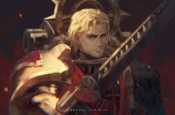 Rule 34 | 1boy, 2022, absurdres, armor, artist name, blonde hair, blue eyes, chainsword, closed mouth, dark angels, dated, gauntlets, ginias, highres, holding, holding sword, holding weapon, lion el&#039;jonson, medium hair, no headwear, pauldrons, primarch, shoulder armor, solo, sword, upper body, warhammer 40k, weapon