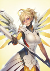 Rule 34 | 1girl, armor, artist name, black gloves, blonde hair, blue eyes, bodysuit, breastplate, breasts, brown pantyhose, character name, closed mouth, copyright name, cowboy shot, dated, eyebrows, eyes visible through hair, faulds, gloves, halo, headgear, highres, holding, holding staff, holding weapon, large breasts, lips, loincloth, long hair, looking at viewer, mechanical halo, mechanical wings, mercy (overwatch), overwatch, overwatch 1, pantyhose, ponytail, shisherry, solo, spread wings, staff, turtleneck, watermark, weapon, web address, wing print, wings, yellow wings