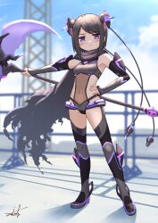 Rule 34 | 1girl, armpits, black footwear, black hair, black leotard, blue sky, blurry, blurry background, blush, boots, breasts, closed mouth, cloud, cloudy sky, commentary request, covered navel, day, depth of field, double bun, hair bun, hand on own hip, highres, holding, holding scythe, kuroe (madoka magica), leotard, looking at viewer, magia record: mahou shoujo madoka magica gaiden, mahou shoujo madoka magica, outdoors, outstretched arm, purple eyes, scythe, see-through, signature, sky, small breasts, solo, standing, standing on one leg, sweat, swept bangs, thigh boots, umiroku