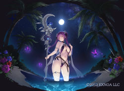 Rule 34 | 1girl, armlet, bare shoulders, beach, belt, between breasts, bikini, black choker, breasts, brooch, bug, butterfly, character request, choker, cleavage, crescent, crescent hair ornament, full moon, grin, hair ornament, hairband, highleg, highleg bikini, highres, holding, holding own hair, holding staff, insect, jewelry, kneeling, large breasts, long hair, looking at viewer, moon, nanahara fuyuki, navel, night, official art, outdoors, palm tree, purple bikini, purple eyes, purple hair, sandals, sennen sensou aigis, shawl, side-tie bikini bottom, skindentation, smile, solo, staff, stomach, string bikini, swimsuit, thigh strap, thighs, tree, twintails, wading, water, watermark