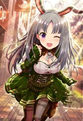 Rule 34 | 1girl, alternative girls, animal ears, bow, bowtie, breasts, cleavage, fingerless gloves, gloves, green skirt, highres, kira sayuri, long hair, looking at viewer, medium breasts, official art, one eye closed, open mouth, purple eyes, rabbit ears, road, silver hair, skirt, smile, solo, street, sunlight