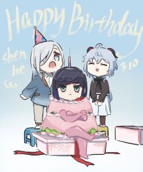 Rule 34 | 3girls, :|, ^ ^, alternate costume, black hair, blue hair, cake costume, candle, closed eyes, closed mouth, colored tips, costume, crossed arms, crossed legs, facing another, ganyu (genshin impact), genshin impact, green eyes, grey hair, hat, highres, horns, light blue hair, long hair, long sleeves, looking at another, looking at viewer, medium hair, multicolored hair, multiple girls, object on head, open mouth, pants, shenhe (genshin impact), sitting, skirt, smile, standing, sweater, two-tone hair, xinzoruo, yelan (genshin impact)