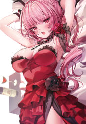 Rule 34 | 1girl, absurdres, armpits, blush, bottle, breasts, cleavage, cup, dress, drinking glass, flower, hair flower, hair ornament, highres, hololive, hololive english, large breasts, long hair, looking at viewer, luna nyann, lying, mori calliope, mori calliope (party dress), official alternate costume, on back, on bed, pink hair, red dress, red eyes, skull, solo, virtual youtuber, wavy mouth, wine bottle, wine glass