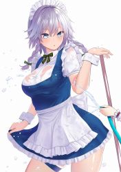 Rule 34 | 1girl, :o, amisu, apron, blue dress, blue eyes, blush, bow, braid, breasts, collarbone, cowboy shot, dress, frilled apron, frills, green bow, hair between eyes, hair bow, hand up, holding, hose, izayoi sakuya, large breasts, looking at viewer, maid, maid apron, maid headdress, parted lips, petticoat, shirt, short dress, short hair, short sleeves, silver hair, simple background, solo focus, standing, thigh strap, thighs, touhou, twin braids, waist apron, water, wet, wet clothes, white apron, white background, white shirt, wrist cuffs