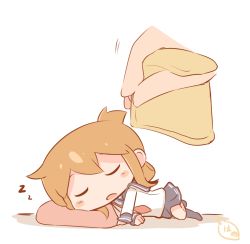 Rule 34 | 10s, 1girl, artist name, blush stickers, brown hair, chibi, closed eyes, commentary request, covering with blanket, folded ponytail, hanomido, inazuma (kancolle), kantai collection, lying, mini person, minigirl, neckerchief, on side, open mouth, pillow, school uniform, serafuku, skirt, sleeping, solo focus, zzz