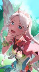 Rule 34 | 1girl, aduti momoyama, ahoge, blue eyes, braid, breasts, capelet, fairy, fairy wings, fire emblem, fire emblem fates, fire emblem heroes, flower, hair flower, hair ornament, hand on own chin, hand on own hip, highres, leaf bracelet, looking at viewer, low twin braids, medium breasts, nina (fire emblem), nina (resplendent) (fire emblem), nintendo, official alternate costume, open mouth, parted bangs, pink capelet, pink flower, twin braids, white flower, white hair, wings