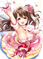 Rule 34 | 10s, 1girl, :d, akina tsukako, arm up, bare shoulders, blue eyes, breasts, brown eyes, brown hair, choker, cleavage, dress, flower, gloves, idolmaster, idolmaster cinderella girls, idolmaster cinderella girls starlight stage, jewelry, large breasts, long hair, long sleeves, looking at viewer, one side up, open mouth, pendant, rose, shimamura uzuki, smile, solo, strapless, strapless dress, sweat, v, white gloves, yellow flower, yellow rose