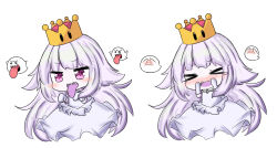 Rule 34 | &gt; &lt;, 1girl, :d, bailingxiao jiu, blush, boo (mario), chibi, closed eyes, closed mouth, colored tongue, commentary request, crown, dress, elbow gloves, gloves, highres, long hair, luigi&#039;s mansion, mario (series), mini crown, multiple views, new super mario bros. u deluxe, nintendo, nose blush, open mouth, pale skin, princess king boo, purple eyes, purple tongue, sharp teeth, silver hair, simple background, smile, super crown, tears, teeth, tongue, tongue out, very long hair, wavy mouth, white background, white dress, white gloves, xd