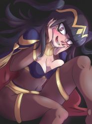 Rule 34 | 1girl, black hair, blood, blue eyes, blush, bodysuit, breasts, cape, cheeralism, eyeliner, fire emblem, fire emblem awakening, hands on own face, heart, heart-shaped pupils, highres, jewelry, long hair, lots of jewelry, makeup, md5 mismatch, medium breasts, nintendo, nosebleed, shoulder pads, solo, symbol-shaped pupils, tharja (fire emblem), tiara, two side up, yandere