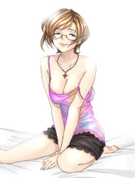 Rule 34 | 1girl, artist request, barefoot, breasts, brown hair, camisole, cleavage, cross, glasses, jewelry, mature female, necklace, short hair, sitting, smile, solo, source request, strap slip