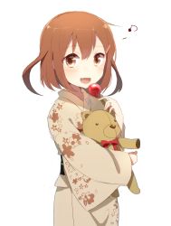 Rule 34 | 10s, 1girl, brown eyes, brown hair, candy apple, commentary request, fang, food, hair ornament, hairclip, harusawa, highres, ikazuchi (kancolle), japanese clothes, kantai collection, kimono, long hair, musical note, quaver, short hair, simple background, solo, stuffed animal, stuffed toy, teddy bear, white background, wide sleeves, yukata