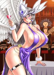 Rule 34 | 1girl, 2boys, 5rira, absurdres, ass, bar (place), blue eyes, blush, bottle, breasts, bubble, cat (nyanko daisensou), cat valkyrie (nyanko daisensou), choker, cleavage, cup, dress, drinking glass, earrings, facial hair, golden rose, grey hair, hat, heart, heart earrings, helmet, highres, jewelry, large breasts, multiple boys, mustache, no panties, nyanko daisensou, purple dress, red wine, sideboob, sparkle, thigh strap, thighs, tipsy, top hat, tuxedo, wine bottle, wine glass, winged hat, wings