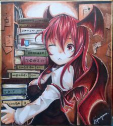 Rule 34 | 1girl, bat wings, black vest, blush, book, book stack, bookshelf, breasts, closed mouth, collared shirt, commentary request, demon girl, demon wings, expressionless, hair between eyes, head wings, holding, holding book, jonasan (bad-t), juliet sleeves, kirisame marisa, koakuma, long hair, long sleeves, looking at viewer, medium breasts, necktie, one eye closed, paper, puffy sleeves, red eyes, red hair, red necktie, red wings, shikishi, shirt, signature, solo, touhou, traditional media, upper body, vest, wanted, white shirt, wings