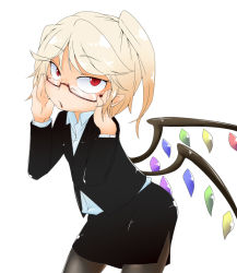 Rule 34 | 1girl, alternate costume, bacho, bespectacled, black pantyhose, blonde hair, female focus, flandre scarlet, formal, glasses, jacket, office lady, pantyhose, pencil skirt, pointy ears, red eyes, side ponytail, simple background, skirt, skirt suit, slit pupils, solo, suit, touhou, white background, wings