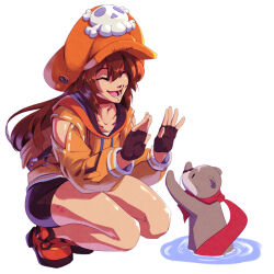 Rule 34 | 1girl, bike shorts, black gloves, blizzardingpike, brown hair, cabbie hat, closed eyes, dodomezaki, fingerless gloves, gloves, guilty gear, guilty gear strive, hat, hat ornament, highres, hood, hoodie, long hair, long sleeves, may (guilty gear), open mouth, orange footwear, orange headwear, orange hoodie, otter, red scarf, scarf, sea otter, skull and crossbones, skull hat ornament, smile